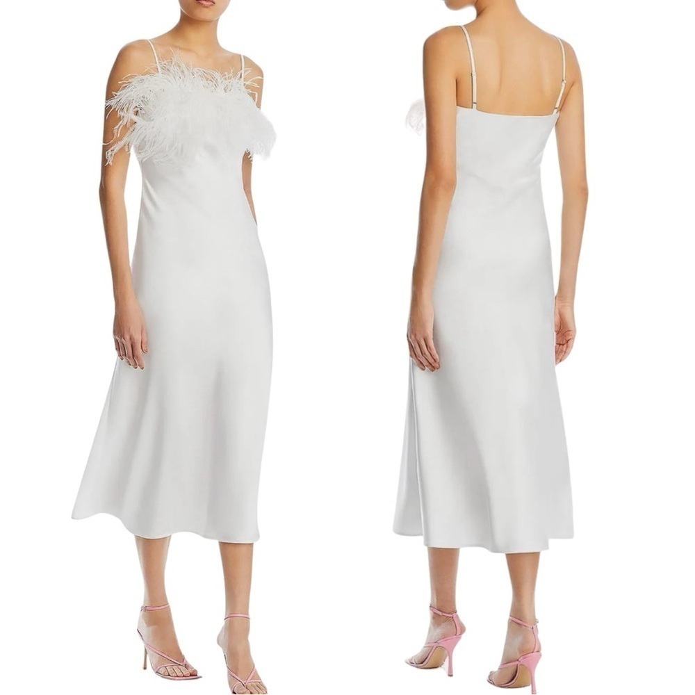 Nwt Line & Dot Kimi Sleeveless Feather Trim Midi Dress White